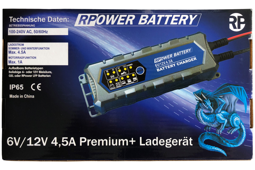 RPower Premium+ Ladegerät 6V/1A oder 12V/4,5A, Art.-Nr. 509746 - Akku Mäser - B2B-Shop
