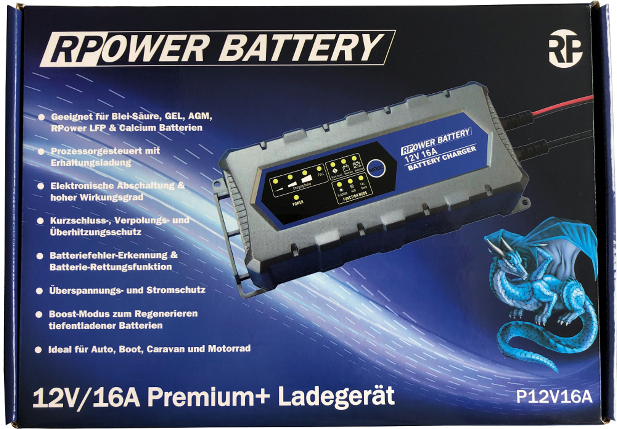 RPower Premium+ Ladegerät 12V/16A, Art.-Nr. 509747 - Akku Mäser - B2B-Shop